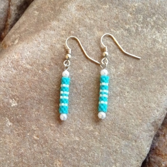 Simple Turquoise and White Beaded Earrings, New, Handmade by Me - Picture 2 of 3